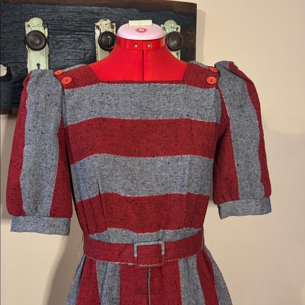 Vintage Jolibel Red and Grey Striped Pleated Dress - Picture 2 of 16